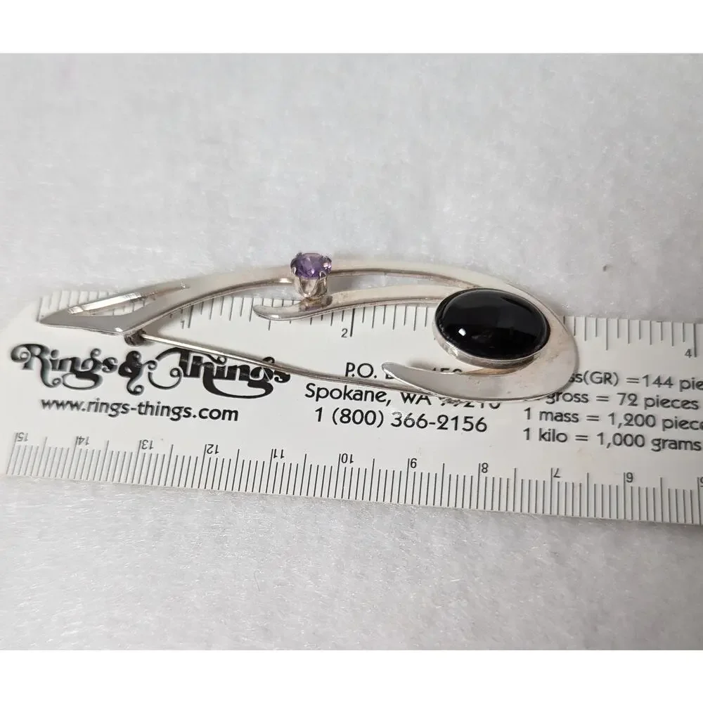 Sterling silver black onyx + amethyst Pin Handmade Large see photos measurements